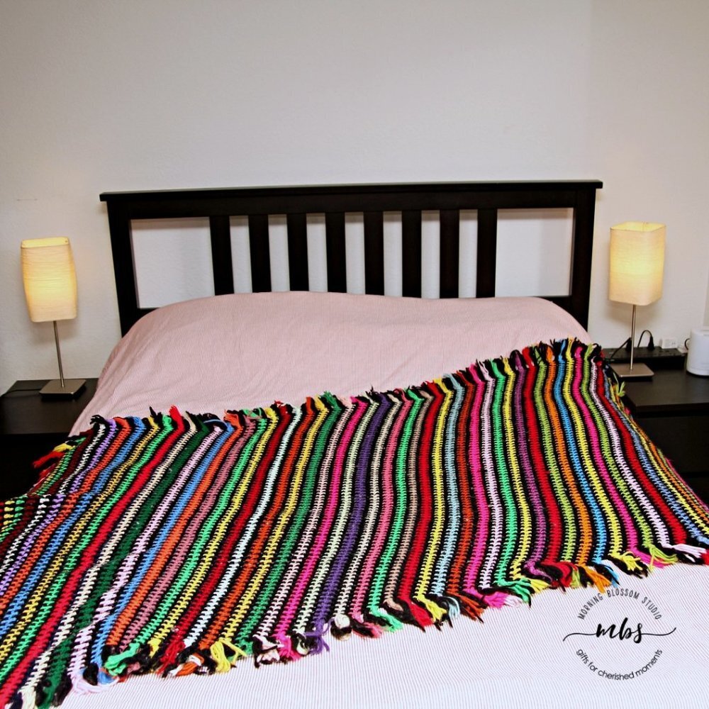 Vintage Multicolor‎ Striped Parallelogram Shaped Crochet Blanket Throws rainbow